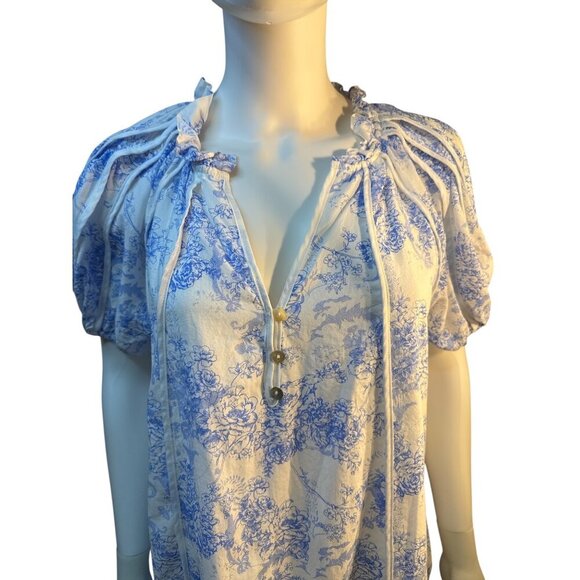 Entro Womens Blue & White Floral Puff Sleeve Mini V-Neck Dress - Size M EUC - Picture 4 of 8